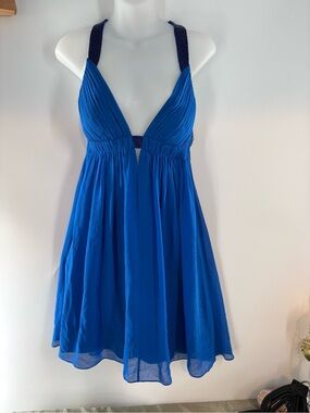 Vintage CACHE Cobalt Blue 100% Silk Beaded Halter Mini Dress Y2K Babydoll Size 4